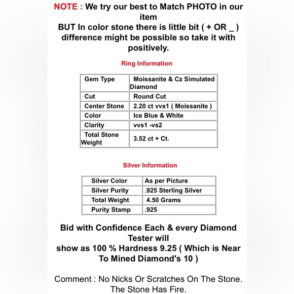 3.52 Ct Vvs1 +Ice Blue White Moissanite Diamond Silver Engagement RING Size 7 - Picture 3 of 3